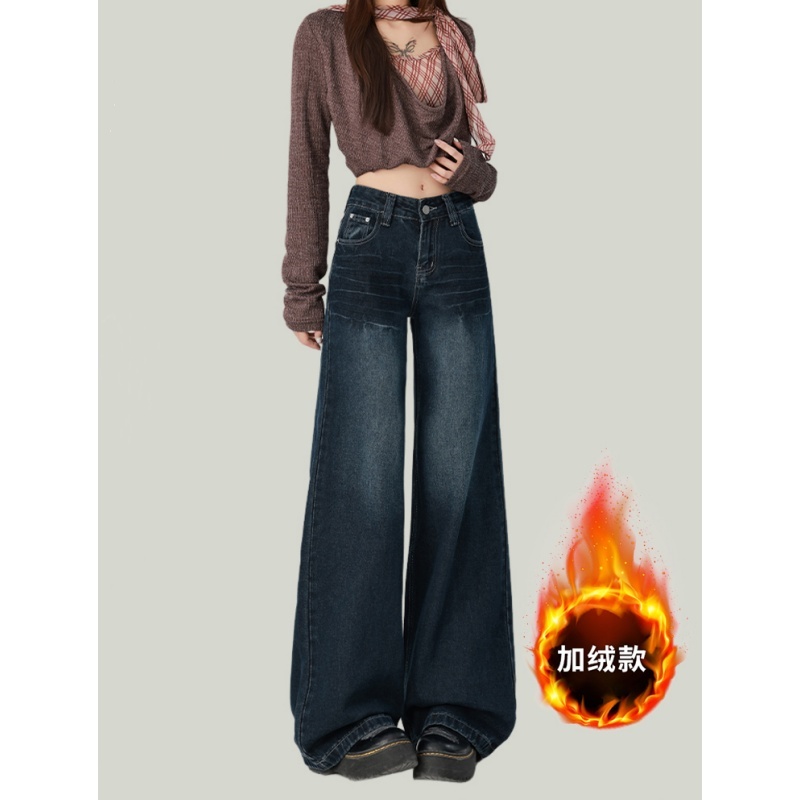 美式阔腿加绒牛仔裤女秋冬2025新款加厚保暖高腰宽松直筒梧桐裤子