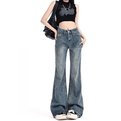 高个子加长版美式复古微喇牛仔裤女春季高腰显瘦不贴腿拖地阔腿裤