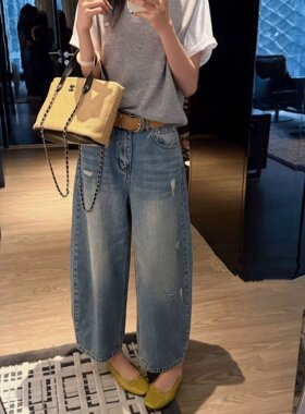 复古蓝磨破阔腿牛仔裤女夏季新款高腰宽松显瘦小个子九分弯刀裤潮