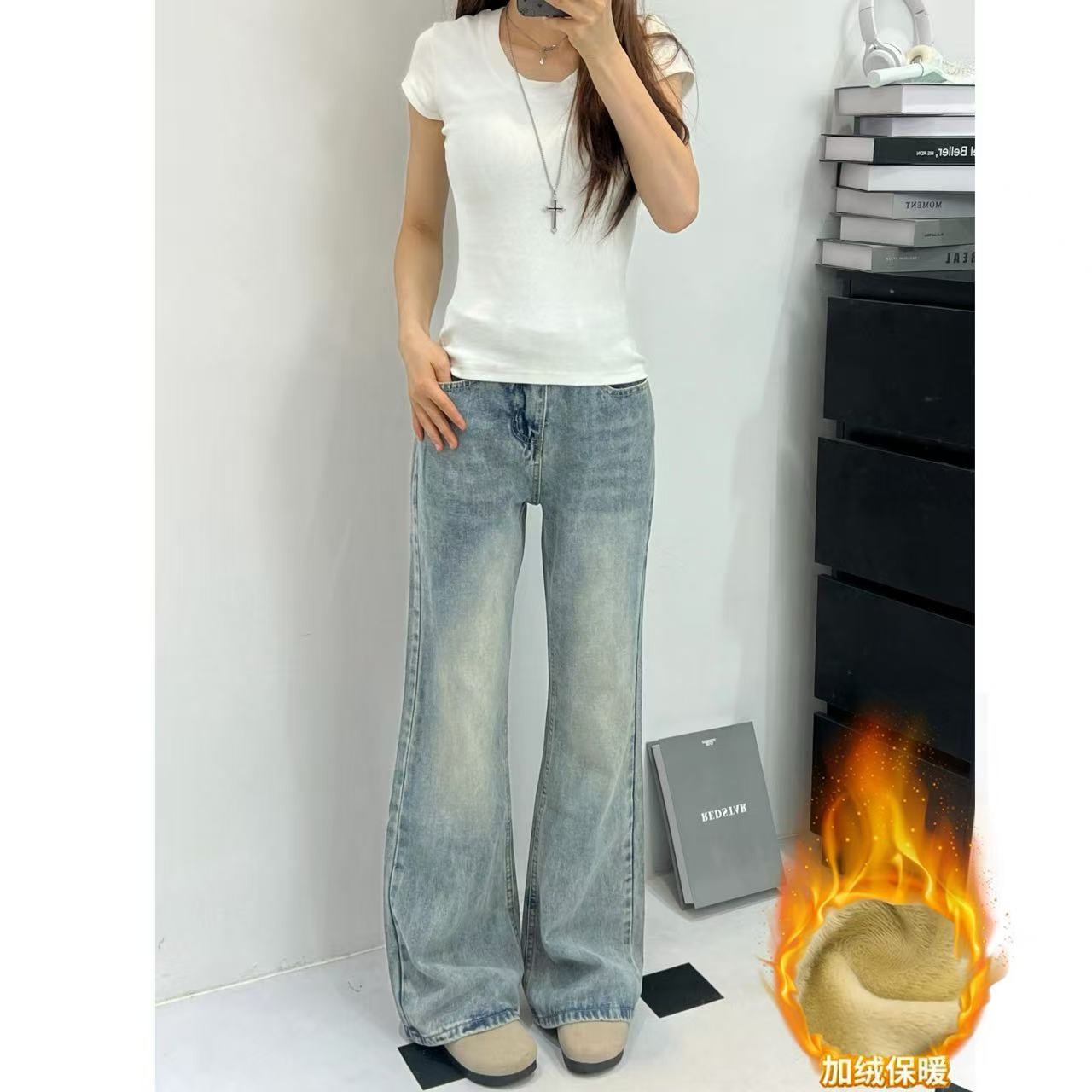 高个子加长浅色微喇牛仔裤女秋冬加绒高腰显瘦不贴腿拖地阔腿裤子