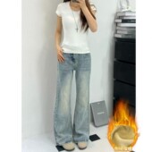 高个子加长浅色微喇牛仔裤 子 女秋冬加绒高腰显瘦不贴腿拖地阔腿裤