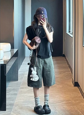 美式军绿色五分牛仔短裤女2026夏新款小个子高腰宽松休闲工装中裤