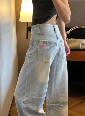 浅蓝色低腰阔腿牛仔裤女2026春夏新款水洗宽松显瘦百搭拖地直筒裤