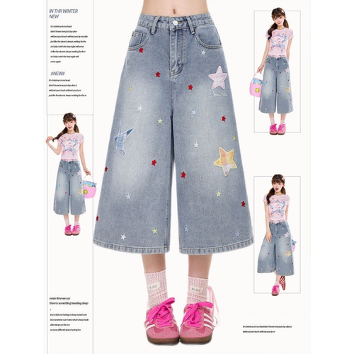 美式复古星星贴布满印七分裤女夏季小个子宽松显瘦阔腿百搭短裤子