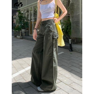 美式高腰工装裤女夏季2025新款薄款小个子军绿宽松弯刀阔腿牛仔裤