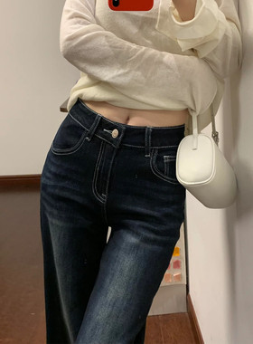 美式复古蓝灰色微喇牛仔裤女秋2026新款中高腰显瘦不贴腿喇叭裤子