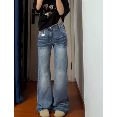 美式复古微喇牛仔裤女2025夏季新款低腰辣妹高街显瘦不贴腿拖地裤