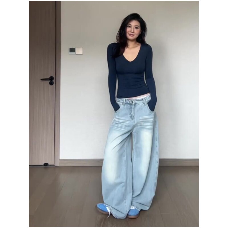 美式复古弯刀牛仔裤女秋季2026新款设计感宽松直筒阔腿拖地镰刀裤图片