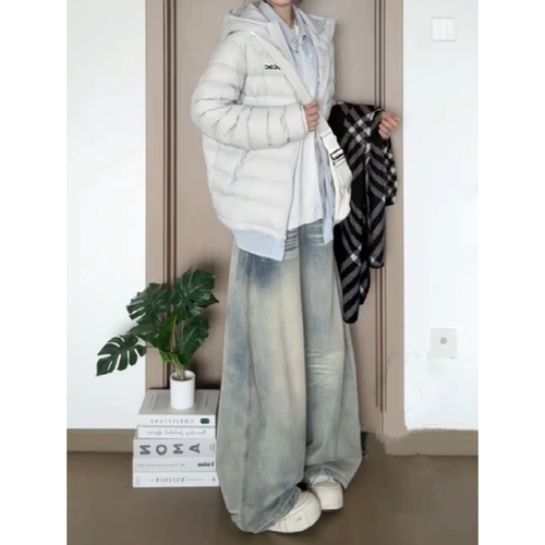 美式复古水洗做旧弯刀牛仔裤女2026春季新款宽松显瘦阔腿拖地长裤