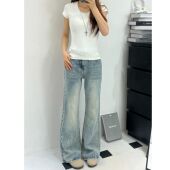高腰显瘦不贴腿拖地阔腿裤 新款 子 女春季 高个子加长浅色微喇牛仔裤