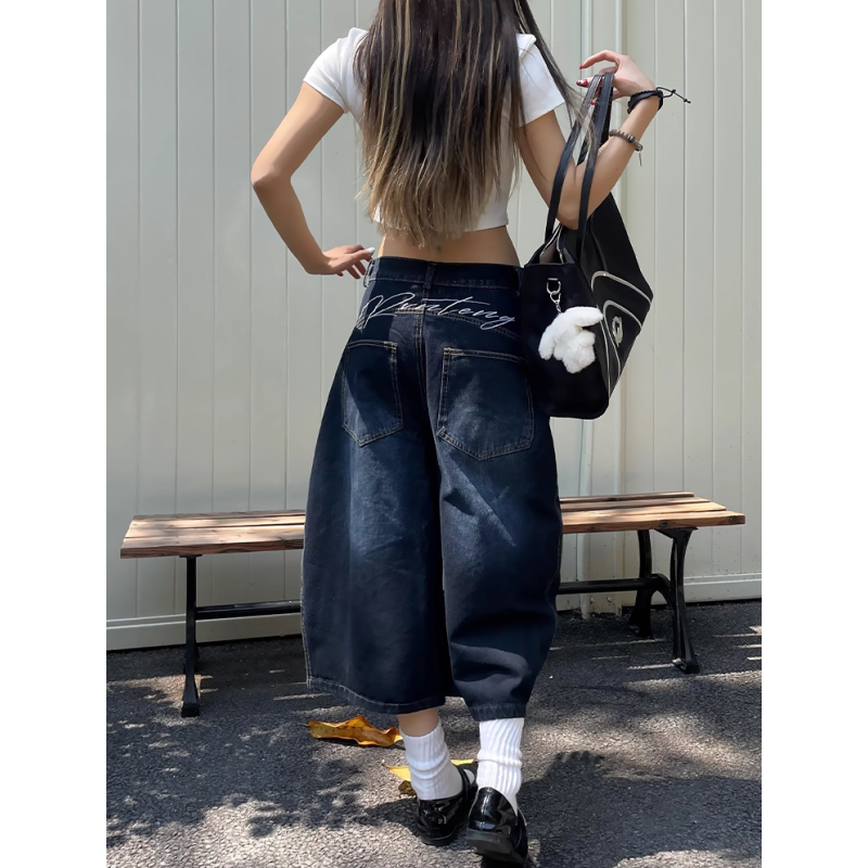 美式vibe高街宽松弯刀七分牛仔裤女夏季新款高腰显瘦百搭阔腿短裤