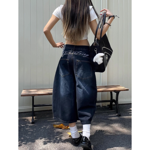 美式vibe高街宽松弯刀七分牛仔裤女夏季新款高腰显瘦百搭阔腿短裤