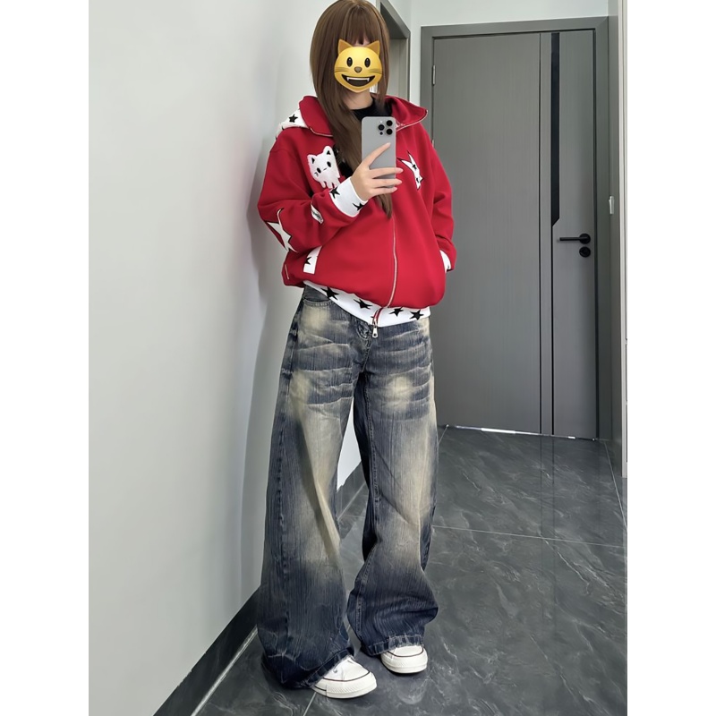 美式复古做旧水洗竹节纹牛仔裤子女辣妹宽松慵懒松弛感拖地弯刀裤