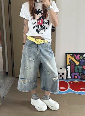 美式街头风破洞设计宽松水洗阔腿裤女2026夏季高腰显瘦七分牛仔裤
