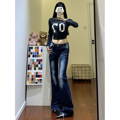 美式复古低腰辣妹微喇叭牛仔裤女春秋新款加绒弹力修身显瘦马蹄裤