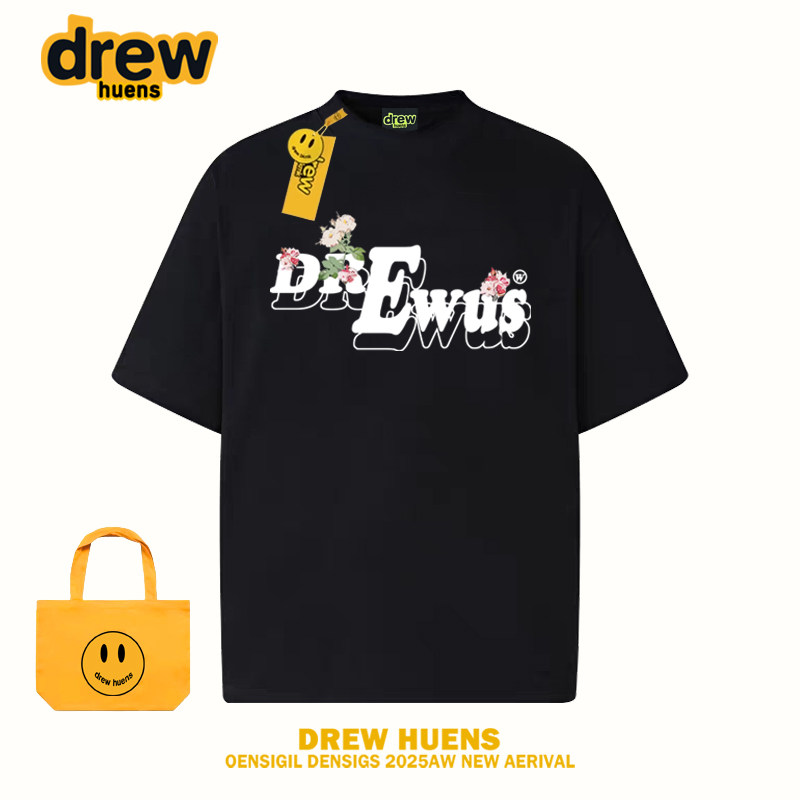 Drew huens美式花卉字母印花短袖t恤男女夏季国潮牌宽松休闲体恤
