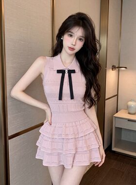夏日绝美蝴蝶结温柔甜美翻领无袖背心字短裙针织套装裙白色均码