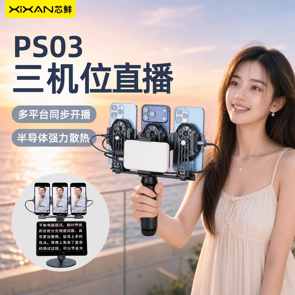 芯鲜PS03三机位手持桌面直播支架带散热器三手机专用直播手柄角度可调桌面坐播落地站播提词器夹三脚架手机架