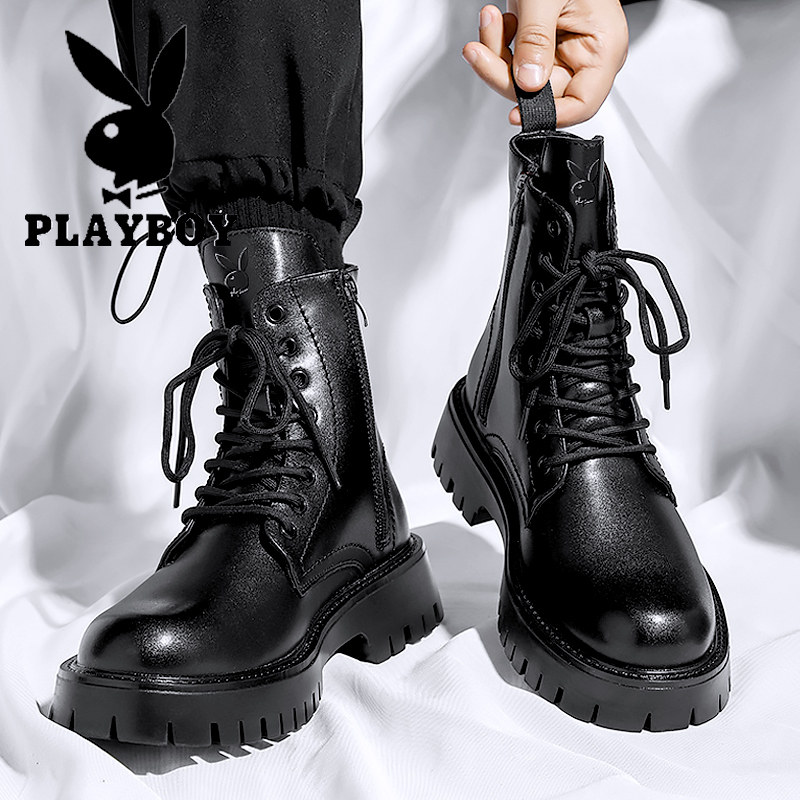 PLAYBOY BOOTS MENS 2025 NEW SPRING AND AUTUMN BLACK MARTIN BOOTS BRITISH AUTUMN AND WINTER COTTON BOOTS CARGO HIGH-TOP SHOES