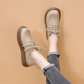 女2024春季 新款 百搭英伦风小皮鞋 真皮平底复古乐福鞋 圆头系带单鞋