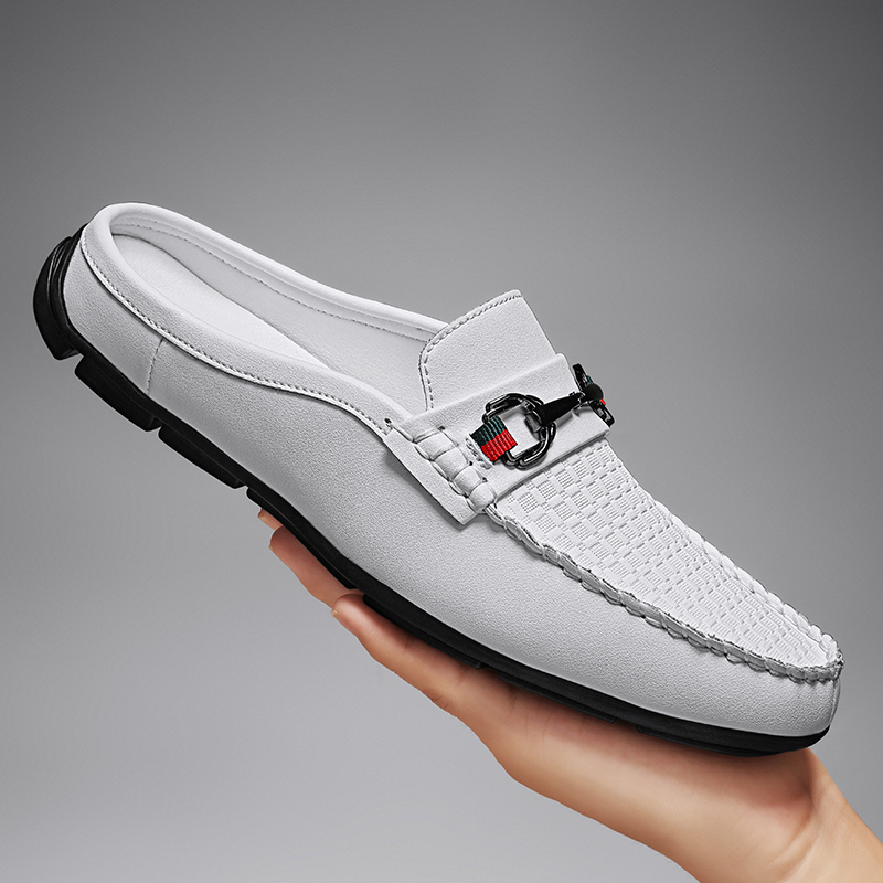 半拖鞋男夏季透气无后跟豆豆皮鞋