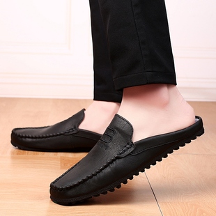 2025新款 透气懒人一脚蹬包头无后跟休闲皮鞋 夏季 半拖鞋 男士 豆豆鞋