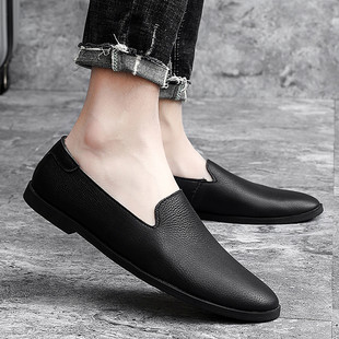 小皮鞋 春季 男 黑色37码 真皮休闲一脚蹬懒人36码 透气英伦豆豆鞋 男士