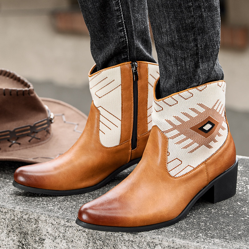 西部牛仔工装靴男欧版复古高帮马丁靴侧拉链秋冬短筒靴影楼潮流靴