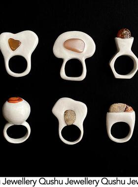 Qushu Jewellery 原创设计手工雕塑感戒指镶嵌天然石小众戒指孤品