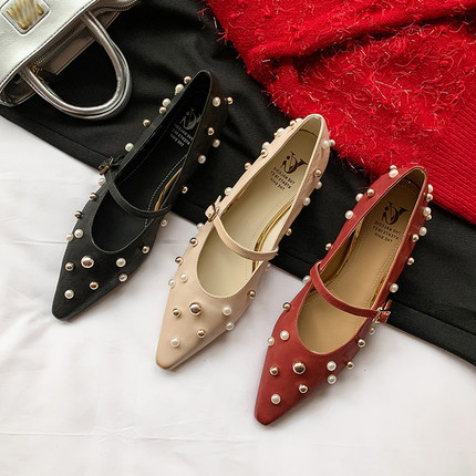 4.5厘米/轻奢风时尚珍珠尖头玛丽珍鞋女一字扣带内增高浅口单鞋