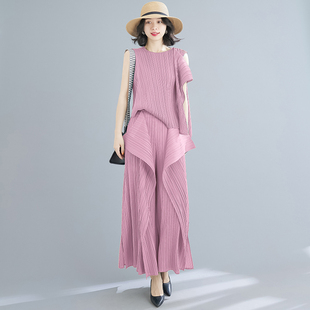 夏装女新款纯色宽松大码遮肉不规则上衣阔腿裤两件套褶皱时髦套装