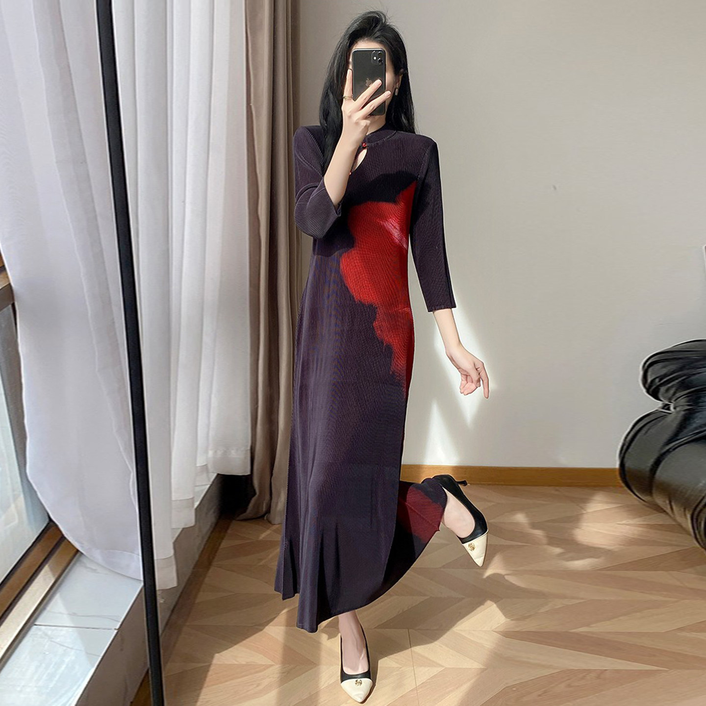 复古新中式立领印花旗袍裙修身显瘦优雅气质鱼尾长裙褶皱连衣裙女