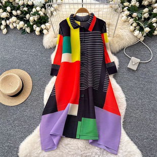 遮肚显瘦长袖 压褶连衣裙宽松大码 翻领条纹撞色a字裙 新款 2026春季