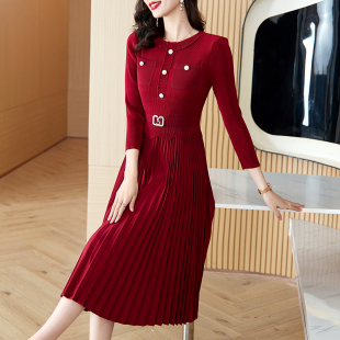 假两件褶皱连衣裙女法式 新款 减龄本命年红色百褶裙 2026春装 妈妈装