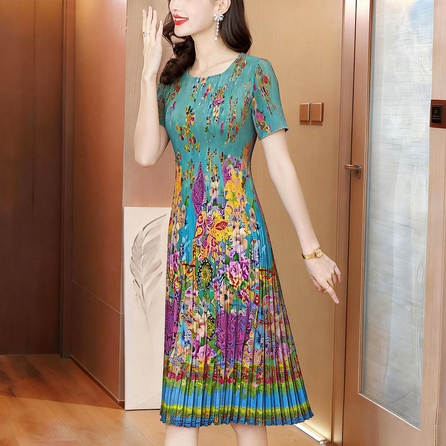 2026夏季短袖百褶裙薄气质显瘦减龄大码裙子优雅印花压褶连衣裙女