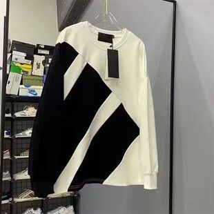 春秋新款男卫衣时尚拼接港风百搭上衣黑白圆领套头情侣装长袖卫衣