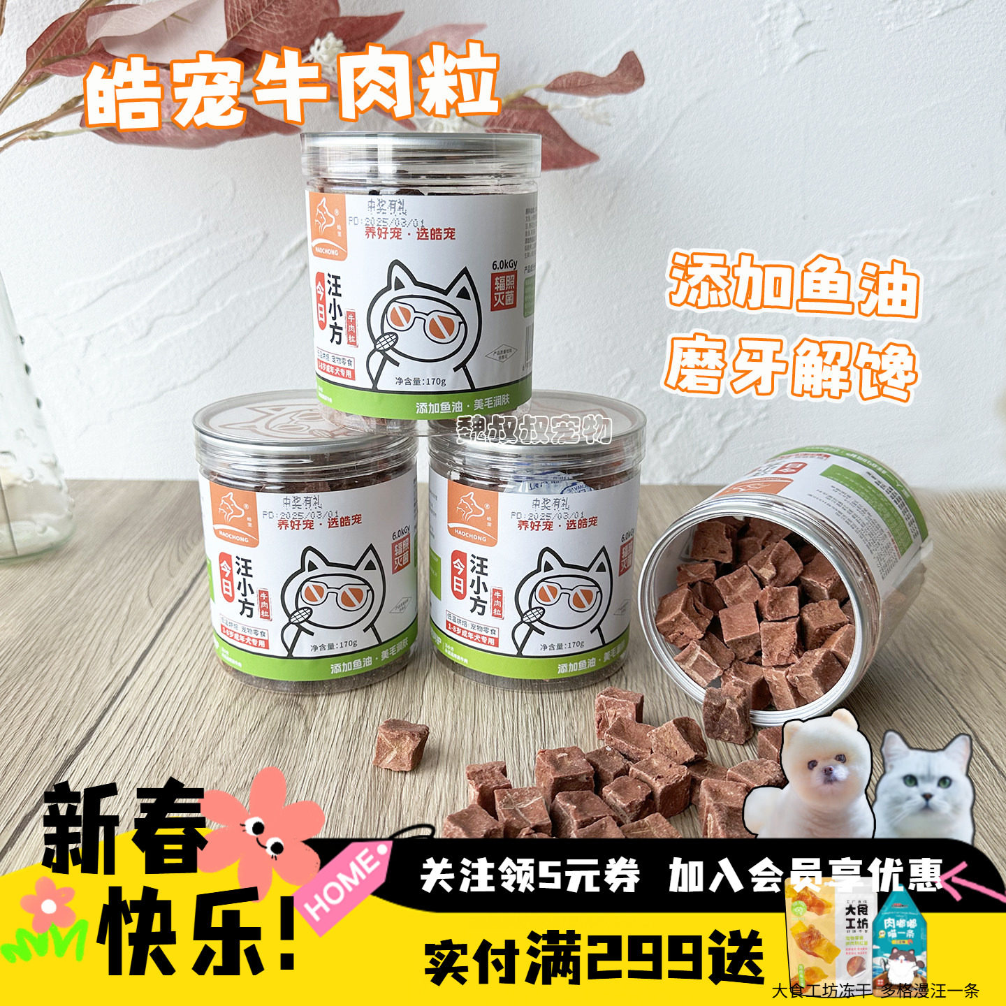 皓宠牛肉粒汪小方低温烘焙犬用狗零食磨牙洁齿170g奖励训练牛肉干