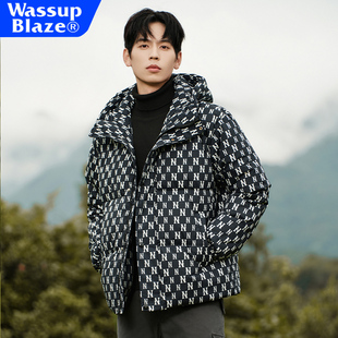 WASSUP羽绒服男款2024老花满印外套情侣款连帽冬洋基队加厚上衣女