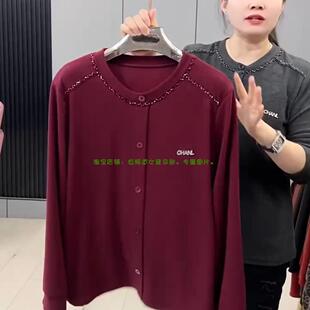 新款 2024冬季 韩版 时尚 大码 圆领重工钉珠洋气显瘦胖妹妹打底衫 女装