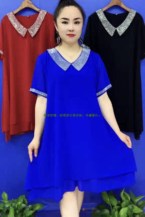 大码女装2024夏新款宽松显瘦娃娃领雪纺烫钻减龄中长款网红连衣裙