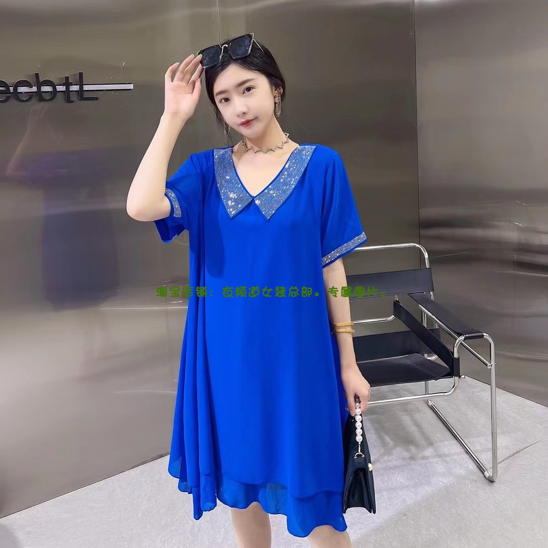 大码女装夏季新款宽松显瘦娃娃领烫钻减龄雪纺中长款网红连衣裙