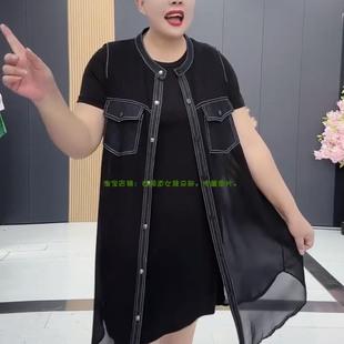 大码两件套连衣裙2025新款韩版时尚圆领拼色中长款马甲短袖T恤裙