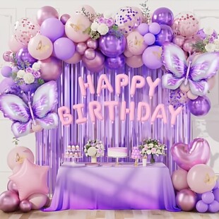 新款2026紫色蝴蝶主题气球套装儿童生日派对爱心雨丝装饰布置用品