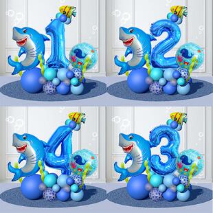 新款卡通数字铝膜气球灯笼鱼鲨鱼螃蟹周岁生日派对布置装饰套装