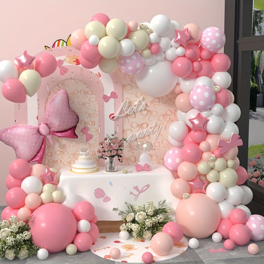 新款粉色蝴蝶结主题气球拱门生日派对装饰场景布置儿童周岁气球