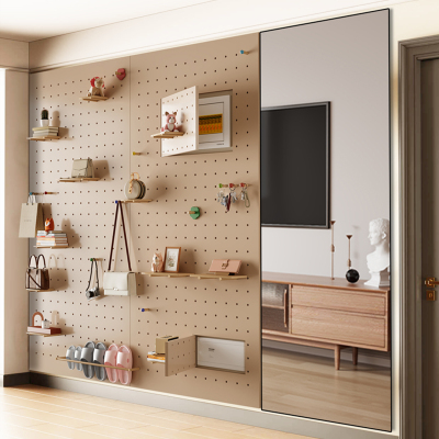 定制简约入户玄关洞洞板穿衣镜子一体组合实木质北欧收纳置物架