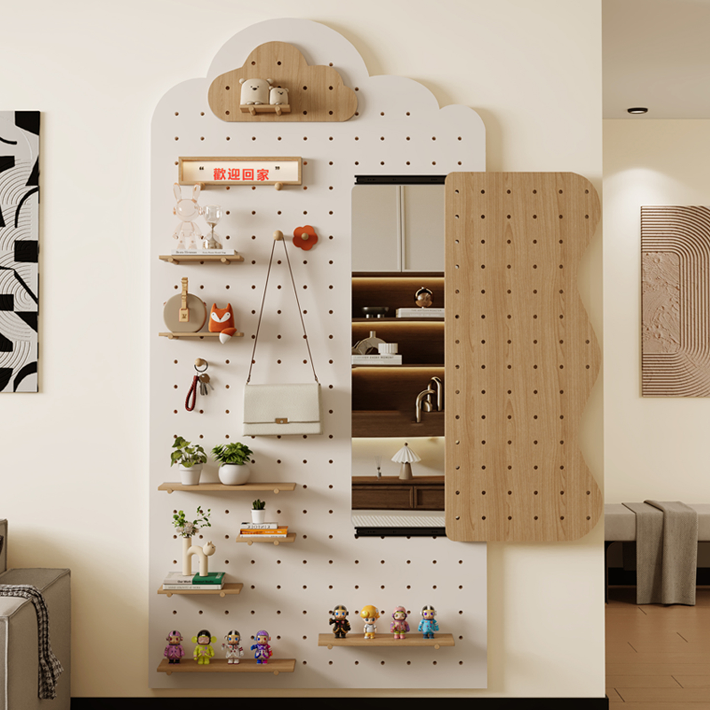 入户玄关洞洞板置物架定制穿衣镜一体电表箱遮丑带推拉镜墙上收纳