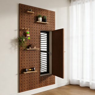 中古风实木洞洞板穿衣镜一体置物架定制入户玄关墙上造型墙推拉镜