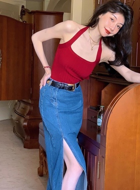 复古港风红色挂脖绑带背心女外穿设计感小众夏季针织吊带打底上衣