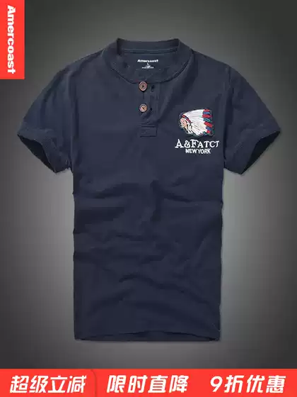 American Coast Af Short-Sleeve Henley Shirt for Men, Pure Cotton, American Henley Collar Base Shirt, Men's Brand T-Shirt, European and American Style